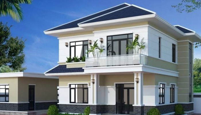 Nhà 2 tầng nổi bật với ngoại thất sơn màu trắng và mái lợp ngói màu xanh ghi thanh thoát. Ảnh: Thietkenhadepmoi.