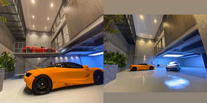 Biệt thự mới của vợ chồng Đàm Thu Trang có khu vực để xe rộng chẳng thua kém gì trung tâm thương mại. Ảnh: FB Cường Đôla.