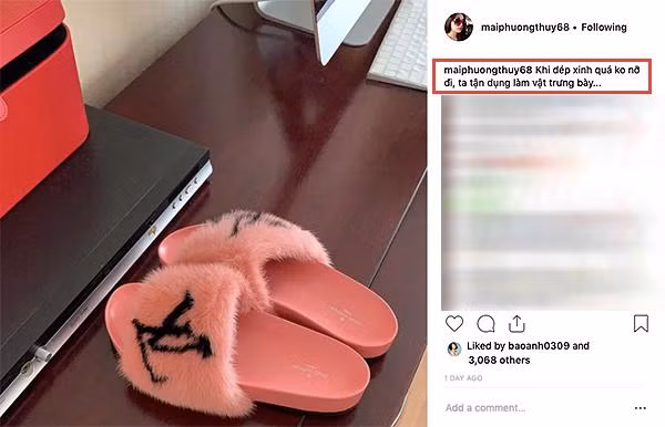 Có lần, người đẹp chứng minh mức độ giàu có của mình bằng bức hình đôi dép lông của thương hiệu Louis Vuitton kèm dòng trạng thái: "Khi dép xinh quá không nỡ đi, ta tận dụng làm vật trưng bày...".. Ảnh: Instagram.