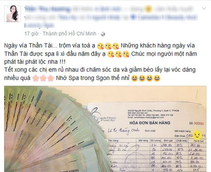 Trên trang Facebook cá nhân, Hương Baby từng bật mí về số tiền chi nhánh làm đẹp trong TP.HCM thu được hàng chục triệu trong ngày Thần tài (mùng 10 tết) dù hóa đơn đã giảm 50 – 70%.
