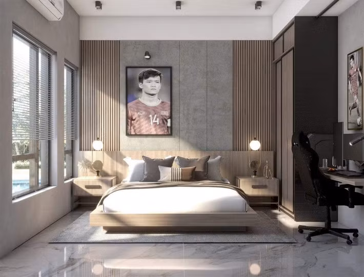 Căn phòng riêng của Hoàng Đức rất rộng rãi, lấy tông trắng làm chủ đạo. Ảnh: FBNV