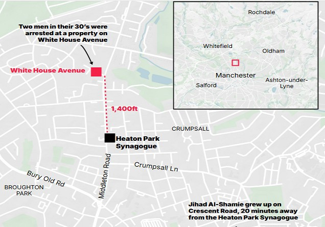 Theo Daily Mail, vụ tấn công khủng bố xảy ra tại Giáo đường Do Thái trên đường Middleton ở Crumpsall, Manchester, Anh, vào ngày 2/10. Ảnh: DM.