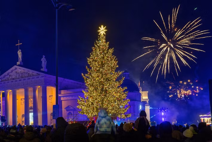 Pháo hoa thắp sáng bầu trời phía trên cây thông Noel tại Quảng trường Nhà thờ ở Vilnius, Lithuania, trong khoảnh khắc đón năm mới 2026. Ảnh: AP.