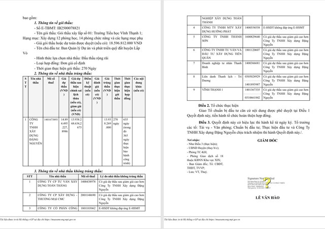 Ban Quản lý dự án và Phát triển quỹ đất huyện Lấp Vò (nay là BQLDAKV2), đã ký Quyết định số KQ2500078821_2504221332 phê duyệt kết quả, công nhận Công ty Đặng Nguyễn trúng thầu với giá 13.938.269.000 đồng. Nguồn MSC 314.jpg