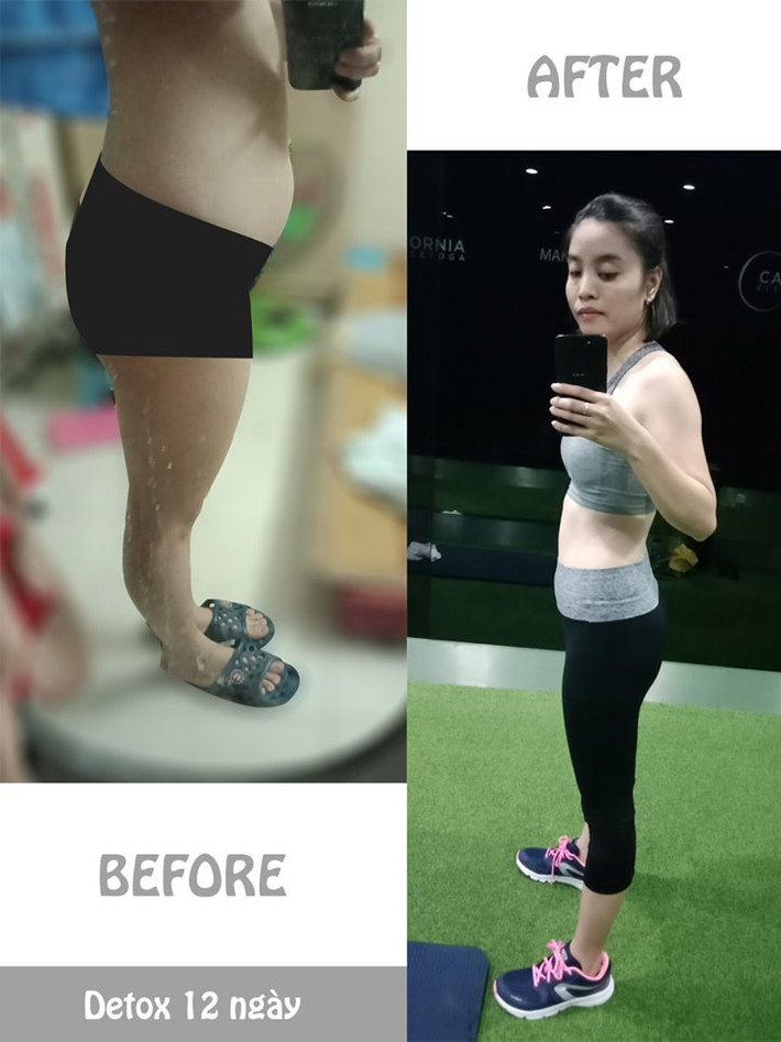 Sau 12 ngày detox, cân nặng Linh giảm hơn 4 kg từ 53kg xuống còn 48,8kg, đặc biệt Linh cảm nhận “giảm ở những nơi cần giảm”, tức là những vùng tích mỡ giảm rất nhiều. Về số đo: cánh tay, đùi và phần mông dưới nhìn rất gọn, đặc biệt vùng bụng “mỡ màng” của Linh đã biến thành vòng eo 65cm. Sự khác biệt có thể thấy rõ trong hình.