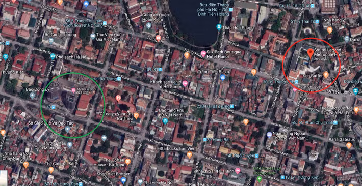 Đáng chú ý, khách sạn Sofitel Metropole nằm cách không xa khách sạn Melia (đường Lý Thường Kiệt) – nơi Chủ tịch Triều Tiên Kim Jong-un lưu trú. Trong khi đó, Tổng thống Donald Trump đang ở khách sạn JW Marriott (quận Nam Từ Liêm). Nguồn ảnh: Google Map