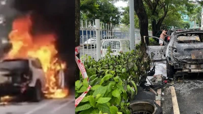 Ô tô bốc cháy trong khuôn viên chung cư Hoàng Anh River View