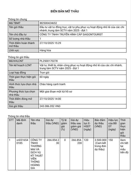 Duy nhất Công ty TNHH Thương mại và Dịch vụ Kỹ thuật Viễn thông Hoàng Gia dự thầu với giá 266 triệu đồng. Nguồn: MSC 45.jpg