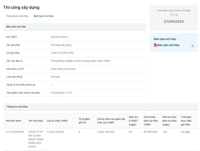 Biên bản mở thầu đã công bố ngày 27/5. Nguồn: MSC 56.jpg