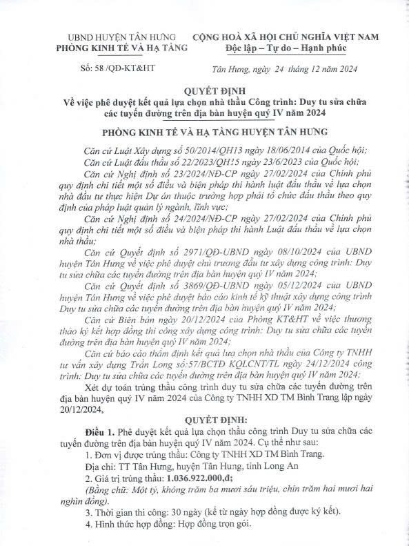 Một phần Quyết định 58/QĐ-KTHT ngày 24/12/2024 của Phòng Kinh tế, Hạ tầng và Đô thị huyện Tân Hưng. Nguồn: MSC 23.jpg