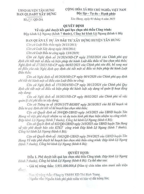 Một phần của Quyết định 191/QĐ-DA ngày 3/6/2025 của Ban Quản lý dự án Đầu tư Xây dựng huyện Tân Hưng. Nguồn: MSC 34.jpg