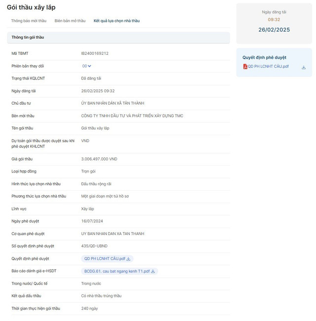 Gói thầu do Công ty TNHH Đầu tư và Phát triển Xây dựng TMC mời thầu. Ngày 16/7/2024, UBND xã Tân Thành phê duyệt KQLCNT, tuy nhiên đến 26/2/2025 gói thầu mới được công khai kết quả trên hệ thống mạng đấu thầu quốc gia. Nguồn: MSC 79.jpg