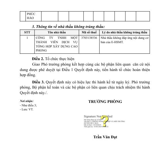 Ông Trần Văn Đạt - Trưởng phòng Phòng Nông nghiệp và Môi trường huyện Đức Hòa đã ký Quyết định KQ2500230859_2506100956 Công ty TNHH Một thành viên Thuận Phúc Hảo trúng thầu với giá hơn 2,37 tỷ đồng thực hiện trong 180 ngày. Nguồn: MSC 13.jpg