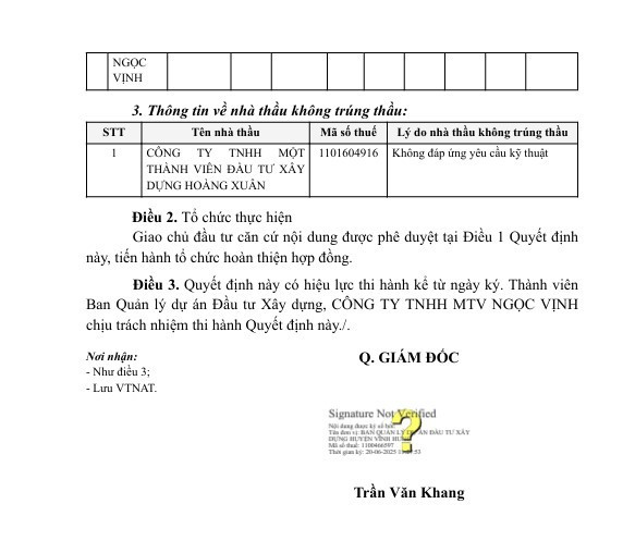 Ngày 20/6, Q. Giám đốc Ban QLDA ĐTXD huyện Vĩnh Hưng - Ông Trần Văn Khang đã ký Quyết định KQ2500265547_2506201122 Công ty Ngọc Vịnh trúng thầu với giá hơn 3,84 tỷ đồng thực hiện trong 300 ngày. Nguồn: MSC 58.jpg