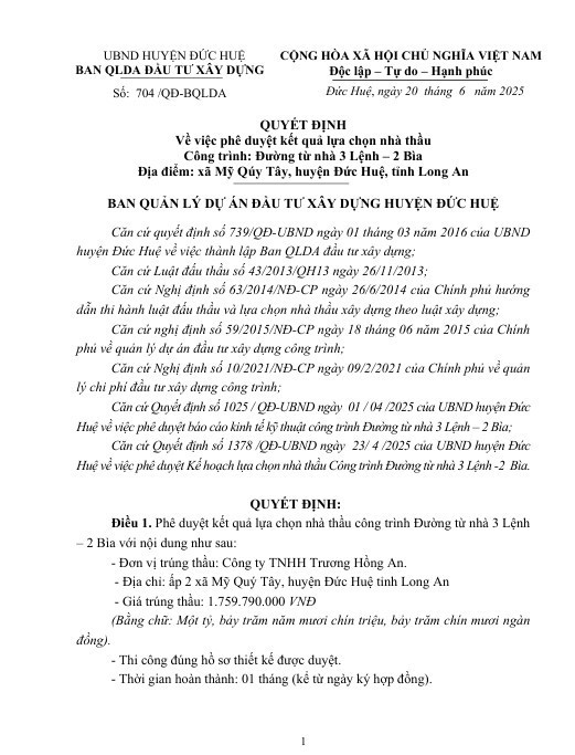 Một phần Quyết định 704/QĐ-BQLDA ngày 20/6/2025 của Ban Quản lý dự án đầu tư xây dựng huyện Đức Huệ. Nguồn: MSC 1.jpg