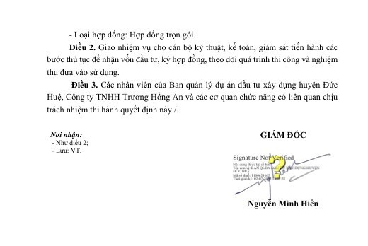 Quyết định phê duyệt kết quả lựa chọn nhà thầu đề ngày 20/6/2025, tuy nhiên trên văn bản thể hiện ngày ký văn bản là 2/7/2025 (ký lúc 14:57:55) do ông Nguyễn Minh Hiền – Giám đốc Ban Quản lý dự án đầu tư xây dựng huyện Đức Huệ ký số. Nguồn: MSC 2.jpg