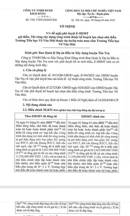 Trước đó ngày 9/6, Công ty TNHH Đầu tư Xây dựng Khải Đăng đã có tờ trình số 77B/TTPD EHSMT/KĐ về việc đề nghị phê duyệt E-HSMT gói thầu: Thi công xây dựng công trình thuộc kế hoạch lựa chọn nhà thầu Trường Tiểu học Võ Văn Mùi thuộc dự án/dự toán mua sắm Trường Tiểu học Võ Văn Mùi. Nguồn: MSC 23.jpg
