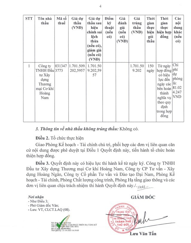 Ông Lưu Văn Tấn – Giám đốc Trung tâm Phát triển Hạ tầng Kỹ thuật TP Thủ Đức đã ký Quyết định 244/QĐ-PTHT phê duyệt Công ty TNHH Đầu tư Xây dựng Thương mại Cơ khí Hoàng Nam trúng thầu với giá 1,7 tỷ đồng. Nguồn: MSC 15.jpg