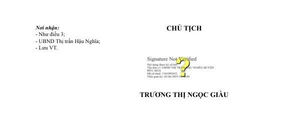 Ngày 02/06/2025, Chủ tịch UBND Thị trấn Hậu Nghĩa - bà Trương Thị Ngọc Giàu đã phê duyệt Quyết định KQ2500206372_2506021034 Công ty CP Đầu tư Phát triển Xây dựng Đông Á (Công ty Đông Á) trúng thầu với giá hơn 1,29 tỷ đồng. Nguồn: MSC 3.jpg