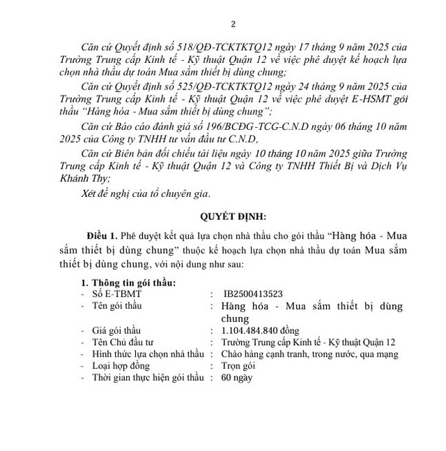 Một phần Quyết định 548 /QĐ-TCKTKTQ12 phê duyệt Công ty TNHH Thiết bị và Dịch vụ Khánh Thy trúng thầu với giá 984 tỷ đồng. Nguồn: MSC 24.jpg