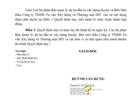 Ngày 28/03/2025, Giám đốc Ban QLDA huyện Đức Hòa - ông Huỳnh Văn Hưng đã phê duyệt Quyết định KQ2500093452_2503281448 Công ty TNHH Đầu tư và Xây dựng Quảng Thuận – Long An trúng thầu với giá hơn 19 tỷ đồng thực hiện trong 20 ngày. Nguồn: MSC 62.jpg
