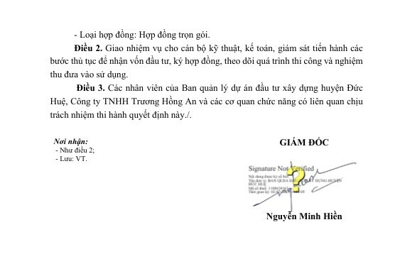 Quyết định phê duyệt kết quả lựa chọn nhà thầu đề ngày 20/6/2025, tuy nhiên trên văn bản thể hiện ngày ký văn bản là 2/7/2025 (ký lúc 14:53:05) do ông Nguyễn Minh Hiền – Giám đốc Ban Quản lý dự án đầu tư xây dựng huyện Đức Huệ ký số. Nguồn: MSC 4.jpg