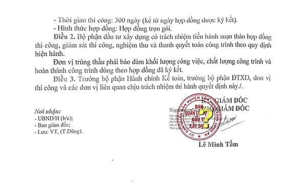 Quyết định phê duyệt kết quả lựa chọn nhà thầu đề ngày 3/6/2025, tuy nhiên trên văn bản thể hiện ngày ký văn bản là 1/7/2025 do ông Lê Minh Tầm - Giám đốc Ban Quản lý dự án Đầu tư Xây dựng huyện Tân Hưng (cũ) ký số. Nguồn: MSC 35.jpg