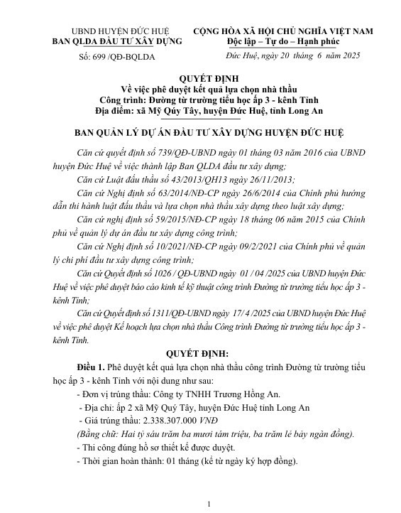 Một phần Quyết định 699/QĐ-QLDA của Ban Quản lý dự án đầu tư xây dựng huyện Đức Huệ. Nguồn: MSC 3.jpg