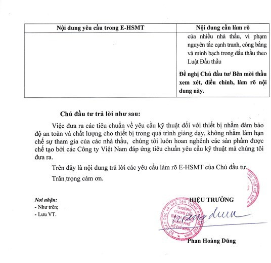 Ông Phan Hoàng Dũng - Hiệu trưởng Trường Trung cấp Bách Nghệ TP HCM đã có văn bản trả lời nhà thầu liên quan Gói thầu: Thiết bị ngành công nghệ kỹ thuật cơ điện tử. Nguồn: MSC 80.jpg
