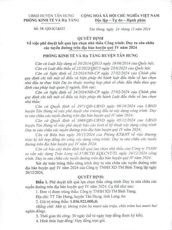 Một phần Quyết định 58/QĐ-KTHT ngày 24/12/2024 của Phòng Kinh tế, Hạ tầng và Đô thị huyện Tân Hưng. Nguồn: MSC 2.jpg