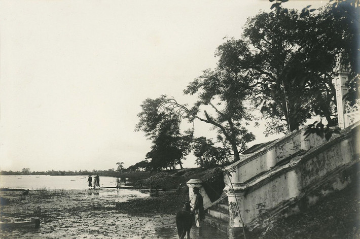 Khung cảnh dưới bến thuyền thời điểm nước hồ Tây xuống thấp.