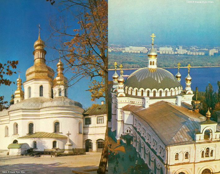Nhà thờ Suy tôn Thánh giá, Kiev-Pechersk Lavra, thế kỷ 18 (trái) và nhà thờ Trapezna, Kiev-Pechersk Lavra, thế kỷ 19 (phải).