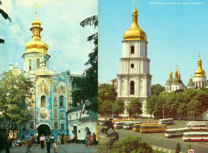 Cổng nhà thờ Chúa Ba Ngôi, Kiev-Pechersk Lavra, thế kỷ 12-18 (trái) và tháp chuông nhà thờ Chính tòa St. Sofia, thế kỷ 11 - ngày nay là Di sản văn hóa thế giới (phải).