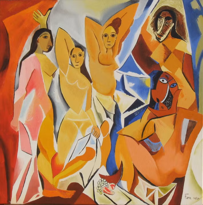  1. Les Demoiselles d'Avignon (1907) – Pablo Picasso. Đây là bức tranh được coi là sự khởi đầu của trường phái Lập thể. Picasso đã phá vỡ các hình dáng thông thường, sử dụng các hình khối cứng cáp để thể hiện năm phụ nữ trong một nhà thổ, thể hiện sự chuyển đổi sang một ngôn ngữ hình ảnh mới. Ảnh: Pinterest.