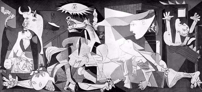  3. Guernica (1937) – Pablo Picasso. Mặc dù không hoàn toàn lập thể, "Guernica" vẫn mang những đặc điểm của phong cách này. Bức tranh là sự phản ứng của Picasso trước vụ đánh bom Guernica trong Nội chiến Tây Ban Nha, với các hình khối lập thể đan xen để tạo ra cảm thức đau thương và sự hỗn loạn. Ảnh: Pinterest.