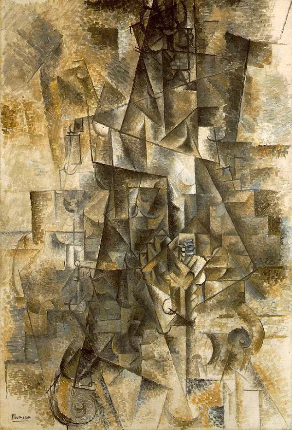  15. The Accordionist (1911) – Pablo Picasso. Bức tranh này là một ví dụ điển hình của lập thể phân tích, trong đó các hình dạng của người chơi accordion được phân tán thành các khối hình học với tông màu ảm đạm, tạo ra một hình ảnh trừu tượng của âm nhạc. Ảnh: Pinterest.