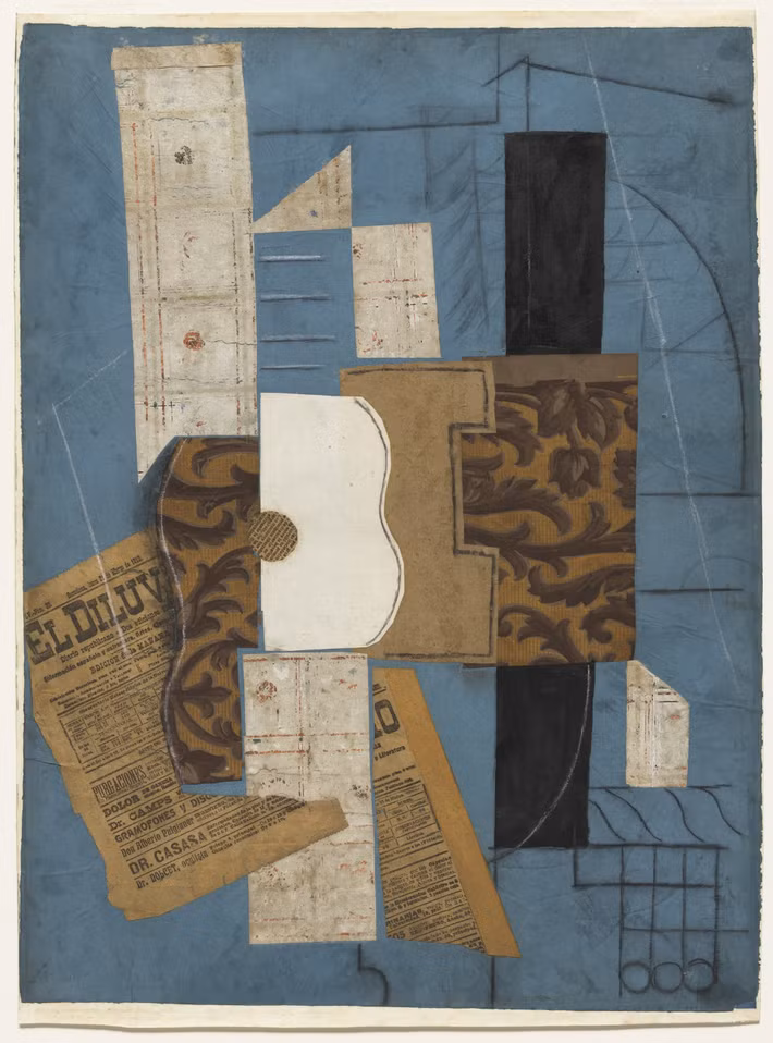  12. Guitar (1913) – Pablo Picasso. Tác phẩm này đánh dấu sự đột phá của chủ nghĩa lập thể tổng hợp. Picasso đã cắt ghép và kết hợp các vật liệu khác nhau để tạo ra hình ảnh một cây đàn guitar trừu tượng. Ảnh: Pinterest.
