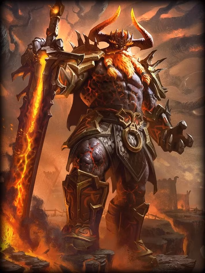  3. Surtr. Miêu tả: Người khổng lồ lửa sống ở Muspelheim, dẫn đầu quân đội của lửa và thiêu đốt thế giới trong trận Ragnarok. Sức mạnh: Mang thanh kiếm khổng lồ làm từ lửa, có khả năng phá hủy các thế giới. Ảnh: Pinterest.