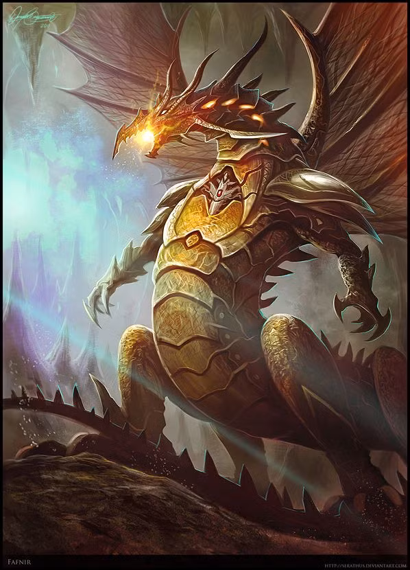  8. Fafnir. Miêu tả: Ban đầu là một người khổng lồ, Fafnir biến thành rồng do lòng tham lam và mong muốn giữ kho báu vàng. Sức mạnh: Phun lửa và bảo vệ kho báu vàng thần thánh. Ảnh: Pinterest.