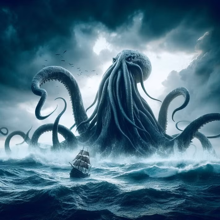  13. Kraken. Miêu tả: Một sinh vật biển khổng lồ sống trong vùng biển sâu. Sức mạnh: Có thể hủy diệt những con tàu lớn và khả năng tạo ra các đợt sóng khổng lồ. Ảnh: Pinterest.