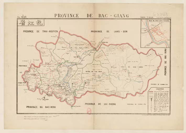Bản đồ tỉnh Bắc Giang năm 1910. Thị xã Phủ Lạng Thương nằm ở góc dưới bên trái.