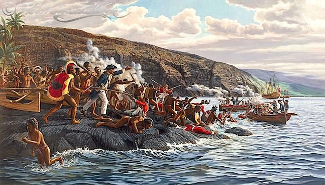 Cuộc xung đột giữa các thủy thủ Anh với người bản địa đã nổ ra. Bị áp đảo về số lượng, thuyền trưởng Cook cùng nhiều thuyền viên đã bị giết. Chỉ một ít thủy thủ Anh may mắn thoát đi an toàn trên tàu Resolution.