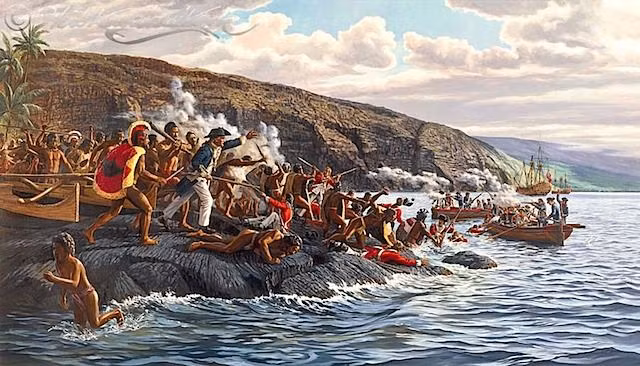 Cuộc xung đột giữa các thủy thủ Anh với người bản địa đã nổ ra. Bị áp đảo về số lượng, thuyền trưởng Cook cùng nhiều thuyền viên đã bị giết. Chỉ một ít thủy thủ Anh may mắn thoát đi an toàn trên tàu Resolution.