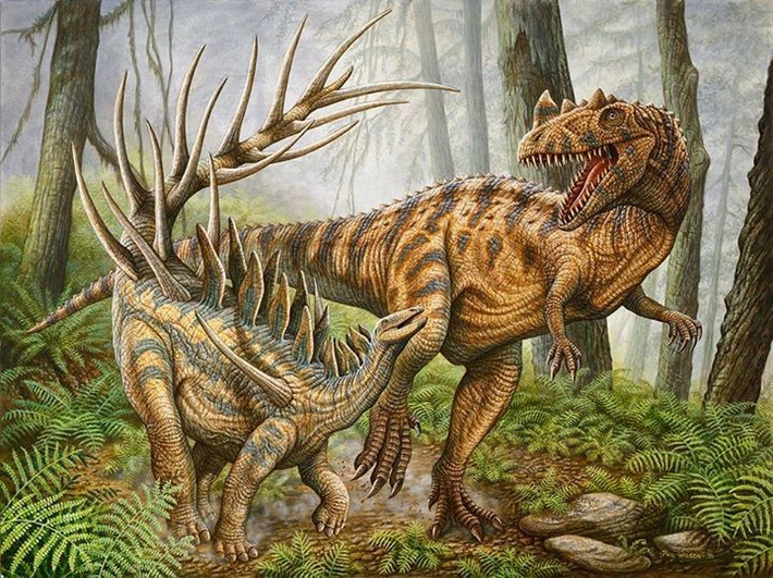  Hệ thống gai phòng thủ cực kỳ hiệu quả. Không giống Stegosaurus với các tấm xương lớn, Kentrosaurus sở hữu nhiều gai nhọn sắc, đặc biệt ở vai và đuôi, có thể gây thương tích nghiêm trọng cho kẻ săn mồi. Ảnh: Pinterest.
