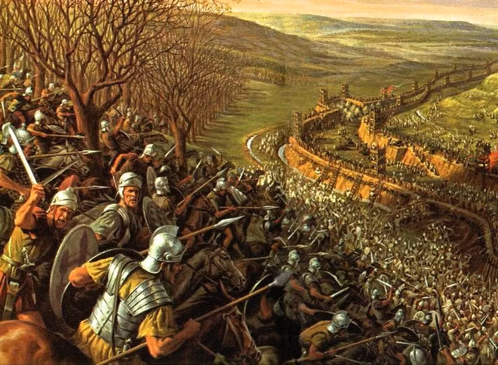  Caesar xây hai vòng công sự khổng lồ. Ông cho dựng hơn 20 km tường thành, một quay vào trong, một quay ra ngoài, vừa vây hãm Alesia vừa ngăn quân Gaul cứu viện. Ảnh: Pinterest.