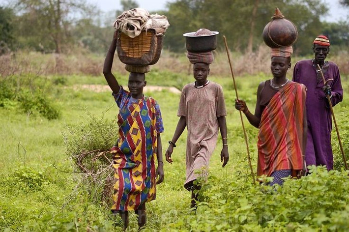  Sinh sống dọc theo sông Nile Trắng. Phần lớn người Dinka cư trú ở các vùng đầm lầy và thảo nguyên quanh sông Nile Trắng. Nhịp sống của họ phụ thuộc vào chu kỳ mưa – khô và sự di chuyển theo mùa của đàn bò. Ảnh: Pinterest.