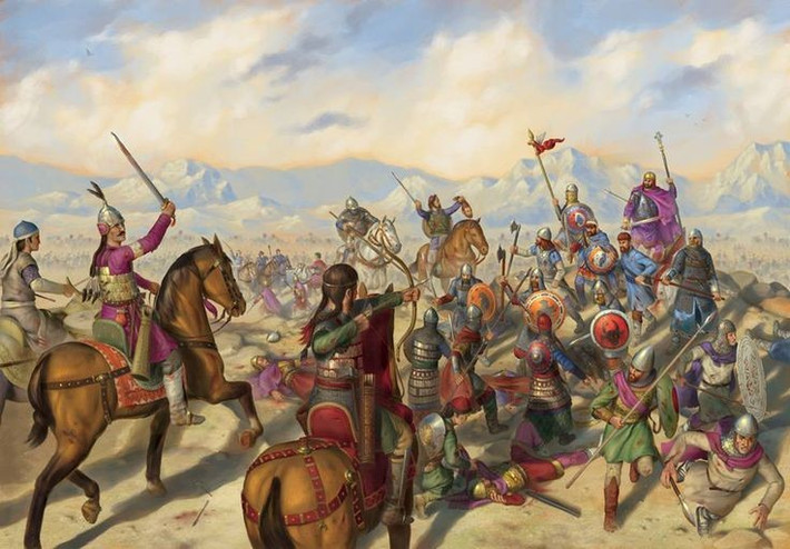  Trận Manzikert (1071). Kỵ binh Seljuk với chiến thuật đánh nhanh rút gọn đã khiến quân Byzantine rơi vào hỗn loạn, mở đường cho người Thổ Nhĩ Kỳ kiểm soát phần lớn Tiểu Á. Ảnh: Pinterest.