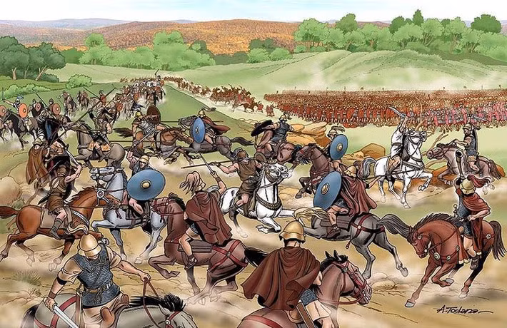  Trận Cannae (216 TCN). Kỵ binh Carthage của Hannibal đóng vai trò then chốt khi đánh bại kỵ binh La Mã ở hai cánh, sau đó quay lại tấn công hậu phương, góp phần tạo nên chiến thắng kinh điển trong lịch sử quân sự. Ảnh: Pinterest.