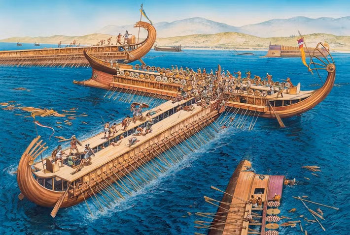  Carthage chịu thất bại nặng nề. Hơn 50 tàu Carthage bị đánh chìm và hàng chục tàu khác bị bắt giữ trong trận. Ảnh: Pinterest.