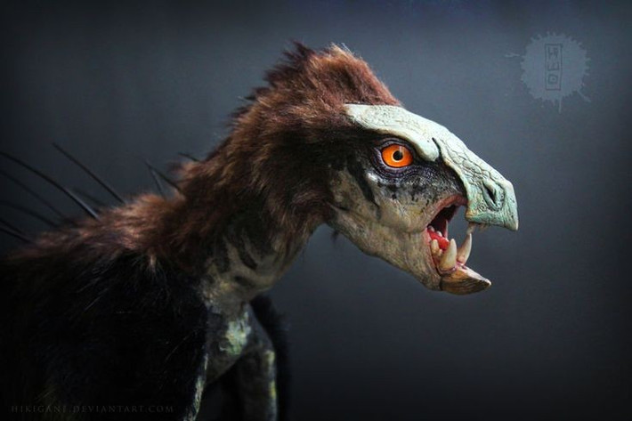  Có bộ răng khác thường so với khủng long ăn cỏ. Loài này sở hữu răng nanh cong ở phía trước hàm, gợi ý rằng ngoài thực vật, chúng có thể ăn cả côn trùng hoặc động vật nhỏ. Ảnh: Pinterest.